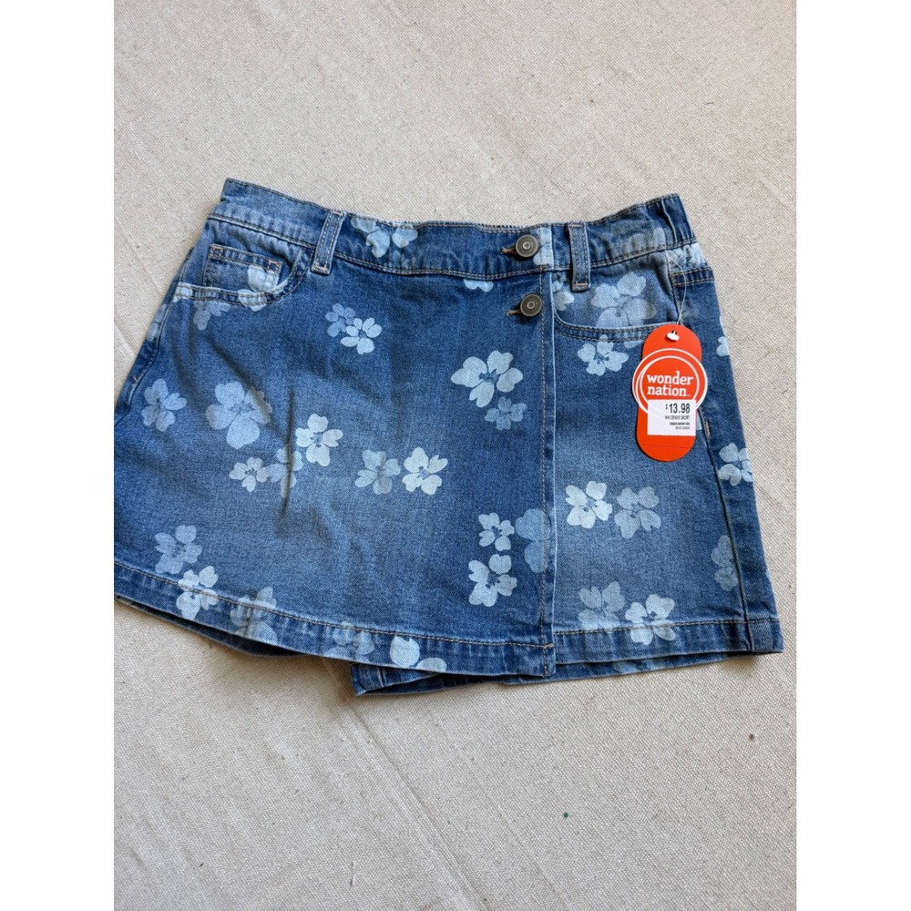 Wonder Nation Girls Floral Denim Skort Medium Wash Blue Size L 10-12 NWT